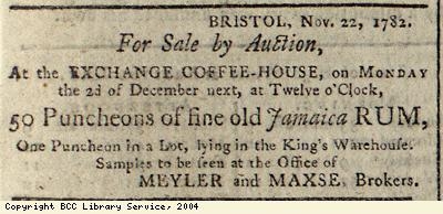 Advert for auction of rum