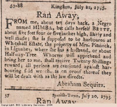 Advert for runaway female slave