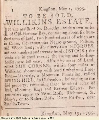 Advert for sale of plantations