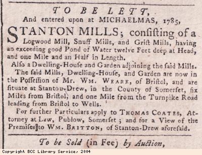 Advert for snuff mills to let