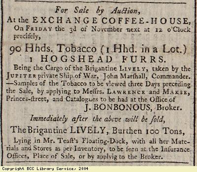 Sale by auction of tobacco and furs