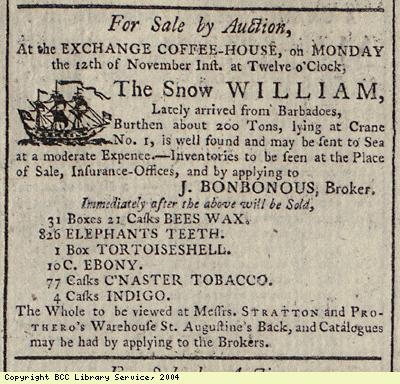 Advert for sale of cargo of ship