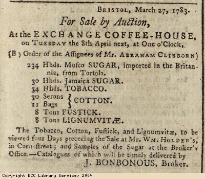 Advert for auction of Caribbean goods