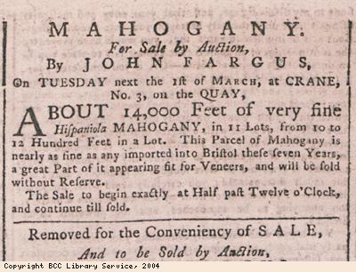 Advert for auction of mahogany