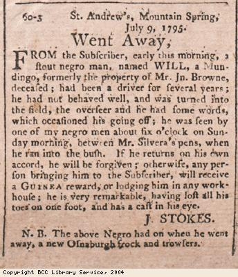 Advert for runaway slave
