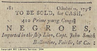 Advert for sale of 410 slaves
