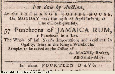 Advert for sale of Jamaica rum