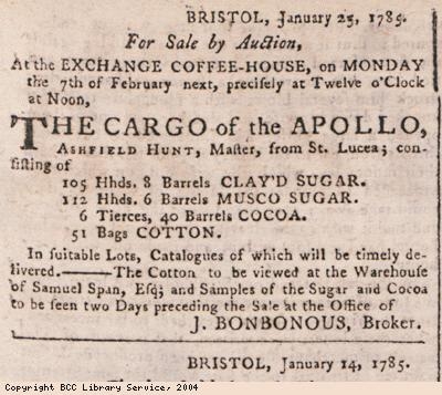 Advert for sale of cargo of ship