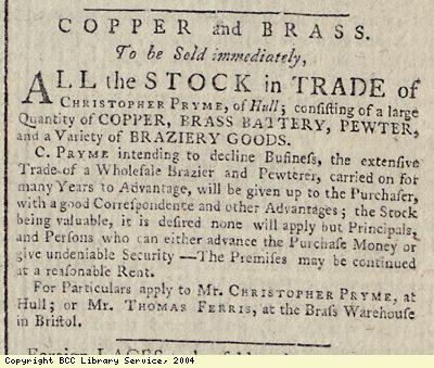 Advert for sale of copper, brass etc