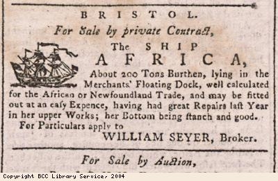 Advert for sale of ship