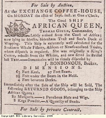 Advert for sale of ship
