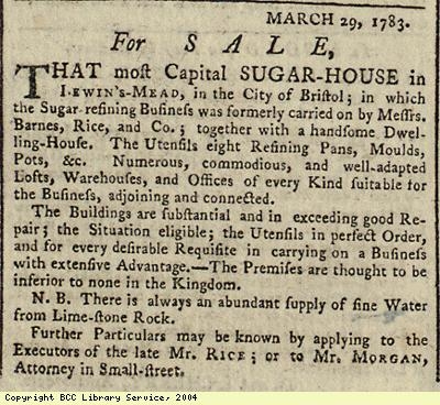 Advert for sale of sugar-house