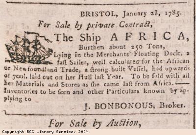 Advert for the sale of a ship