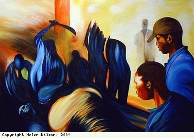 Oil painting depicting genocide in Rwanda