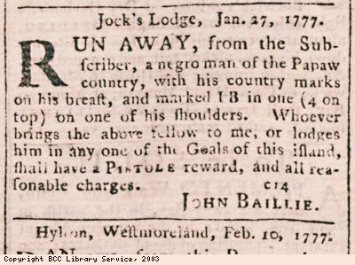 Newspaper extract, runaway slave