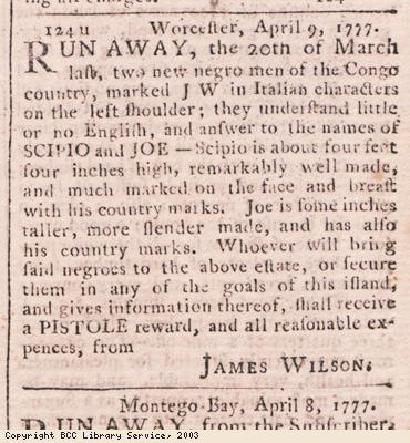 Newspaper extract, runaway slaves