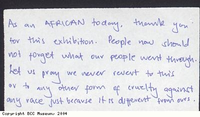 Slavery exhibition comment card